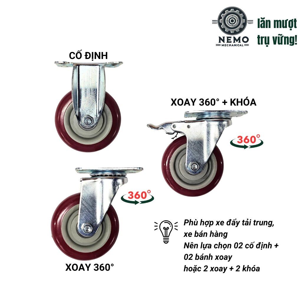 Bánh xe đẩy hàng PVC đỏ mận, mặt bích, có bạc đạn, đường kính 7cm, 10cm, 12cm, tải trọng 105-135kg